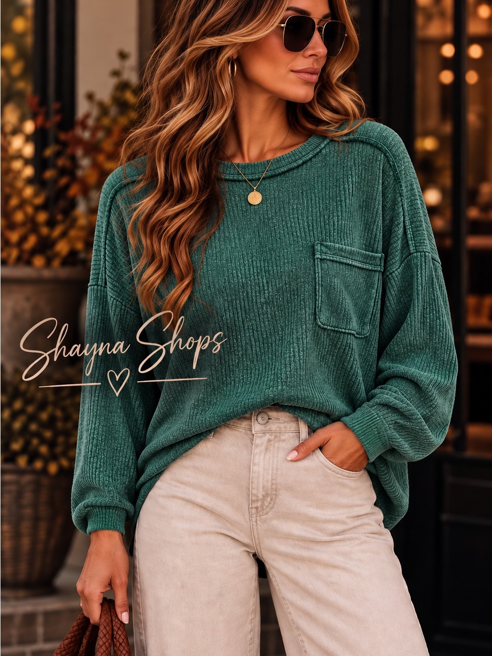 Zenana Outfitters DK Green Hacci Ribbed Pocket Pullover